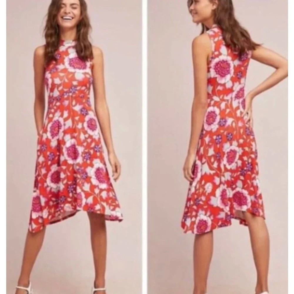 Anthropologie Maeve Cleary Dress Floral Mock Neck Jersey Orange Red Size Small